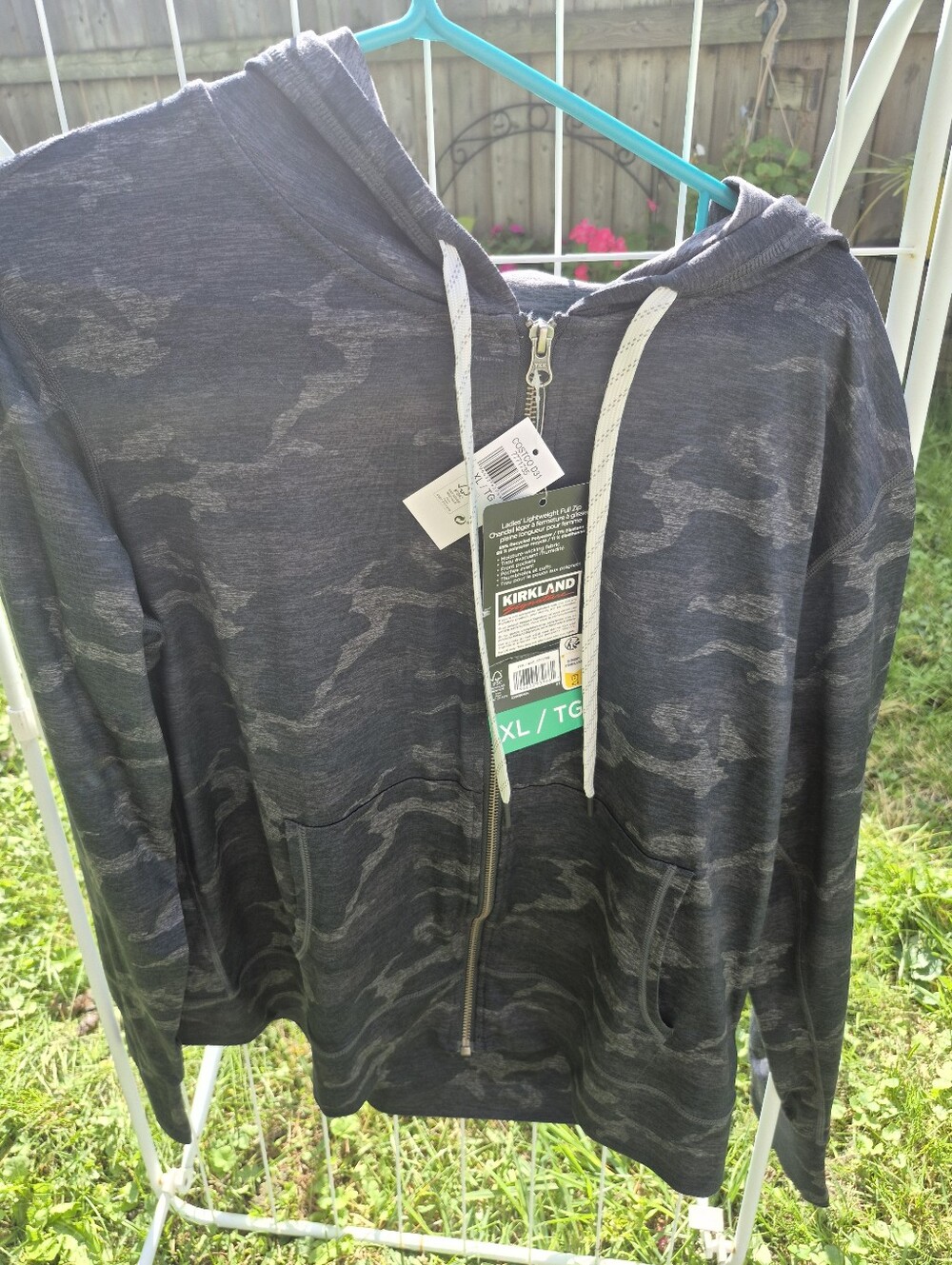 Kirkland Signature Dark Gray Camo Zip-Up Hoodie with White Drawstrings